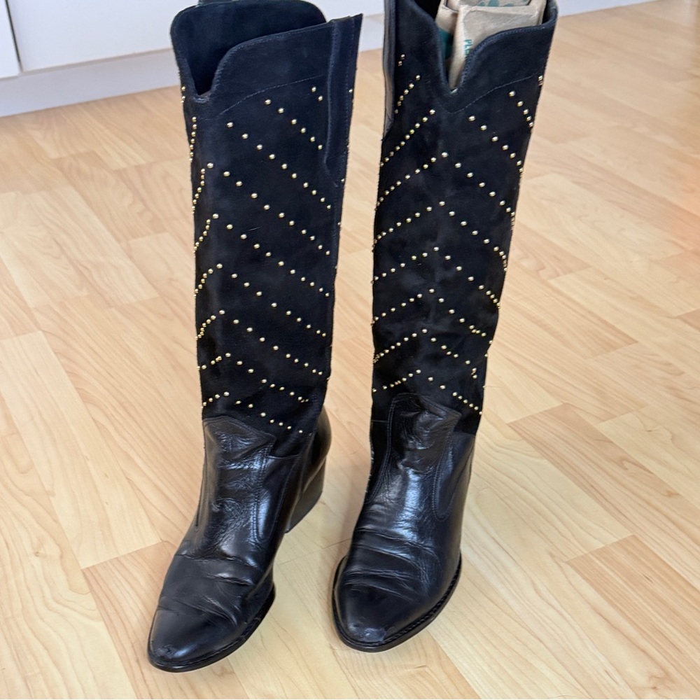 Vaneli Black  leather and Gold Studded  suede Heeled Boots
